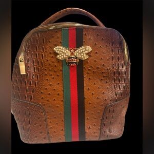 Brown Ostrich-Texture Backpack with Red & Green Stripe and Rhinestone Bee Accent